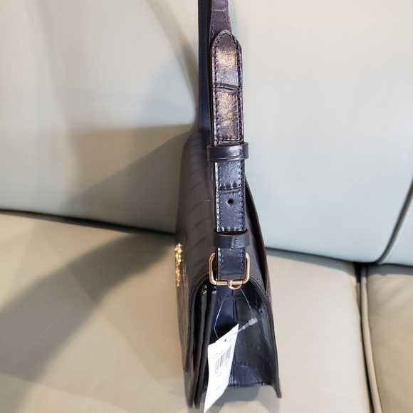 NEW Coach Brynn Navy Blue Croc Embossed Leather Flap Adjustable Shoulder Bag NWT - Picture 9 of 15